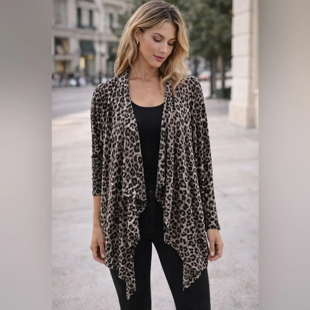 Calvin Klein Leopard Print Waterfall Cardigan L Animal Print Mob Wife Chic